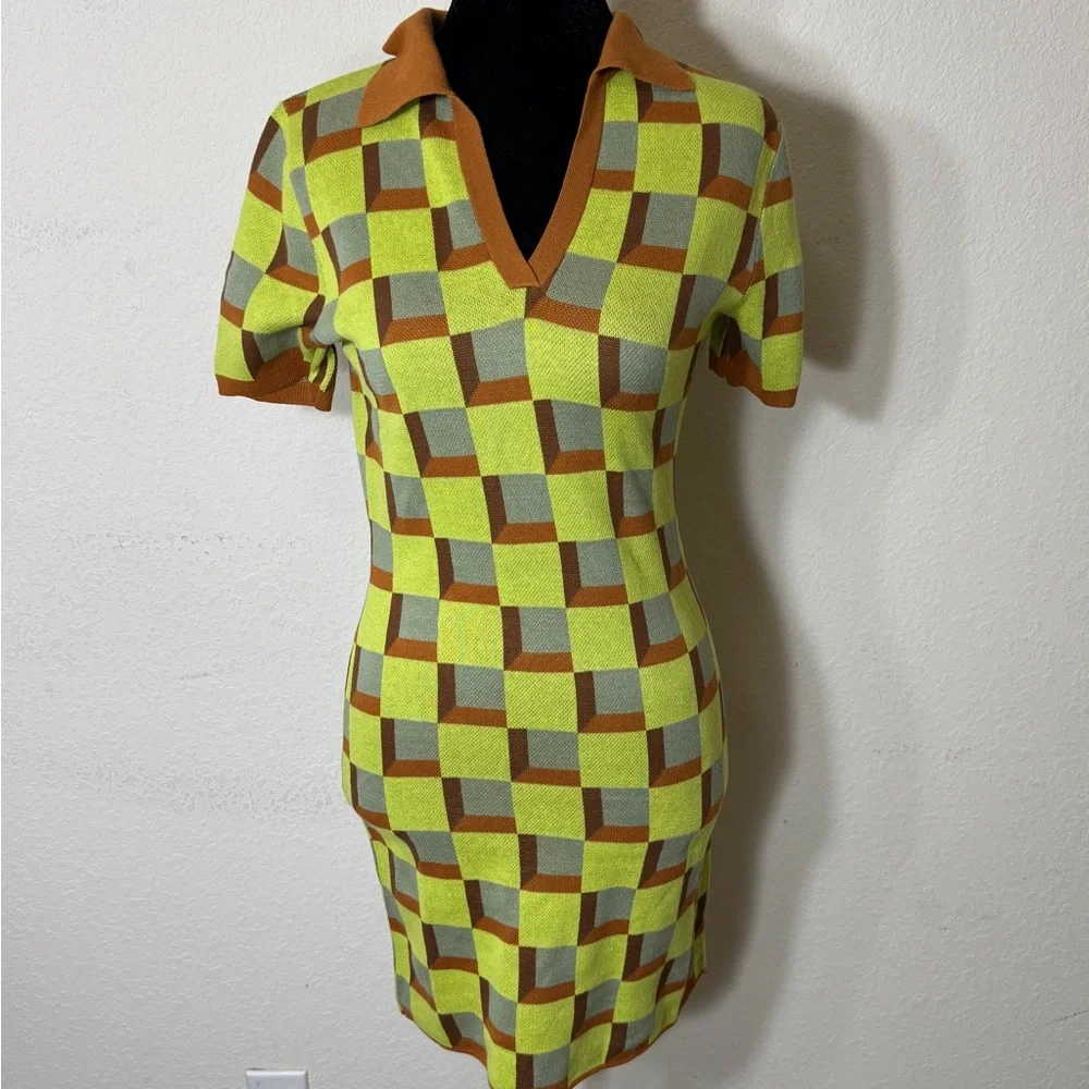 Another Girl Women's Retro Artsy Vintage Check Knit Mod Polo Dress size S - Picture 2 of 9
